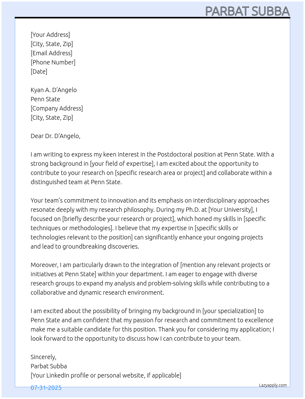 Cover letter for postdoctoral position - LazyApply