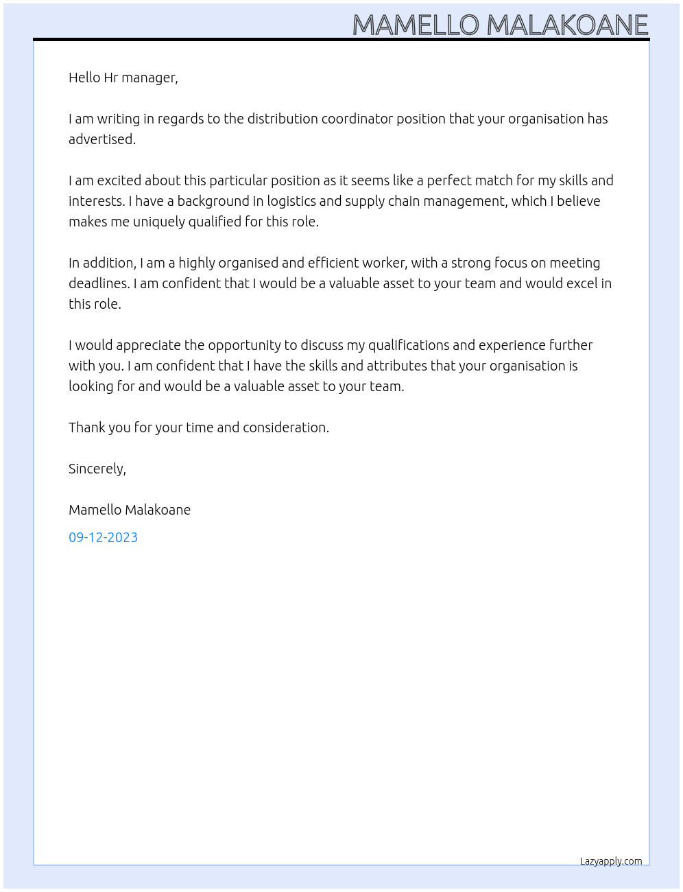 distribution coordinator At your organisation Cover Letter