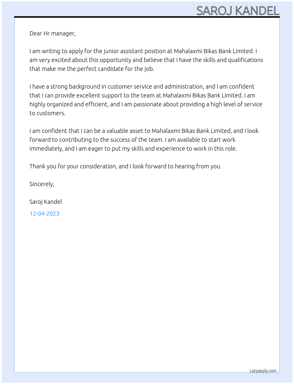 junior assistant At Mahalaxmi Bikas Bank Limited Cover Letter