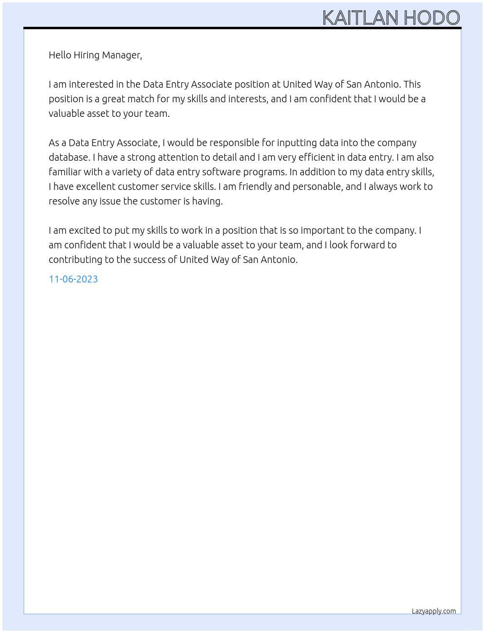 Data Entry Associate At United Way of San Antonio Cover Letter