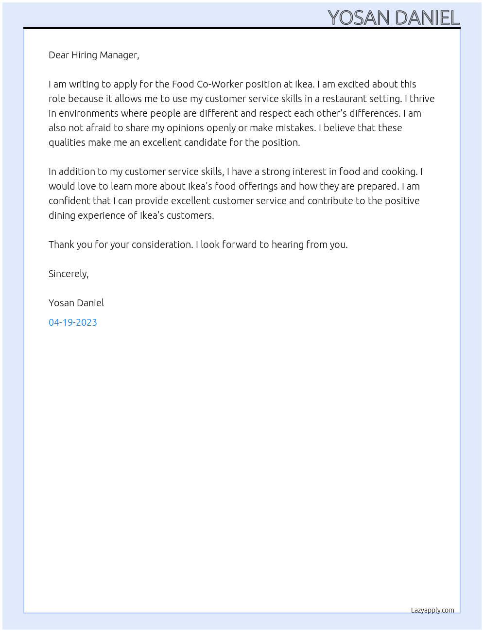 Food Co-Worker At ikea  Cover Letter