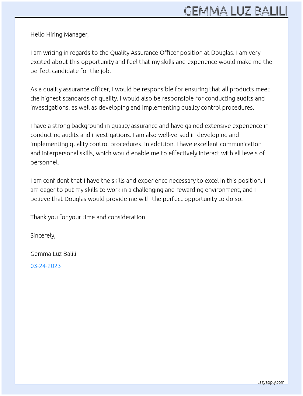 Quality Assurance Officer At Douglas Cover Letter