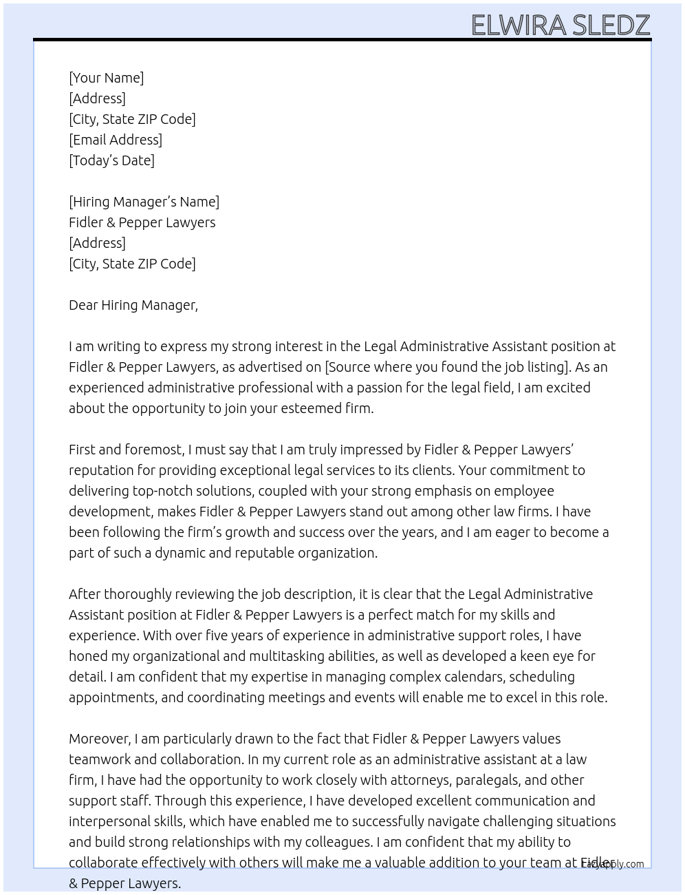 Legal Administrative Assistant At Fidler & Pepper Lawyers Cover Letter