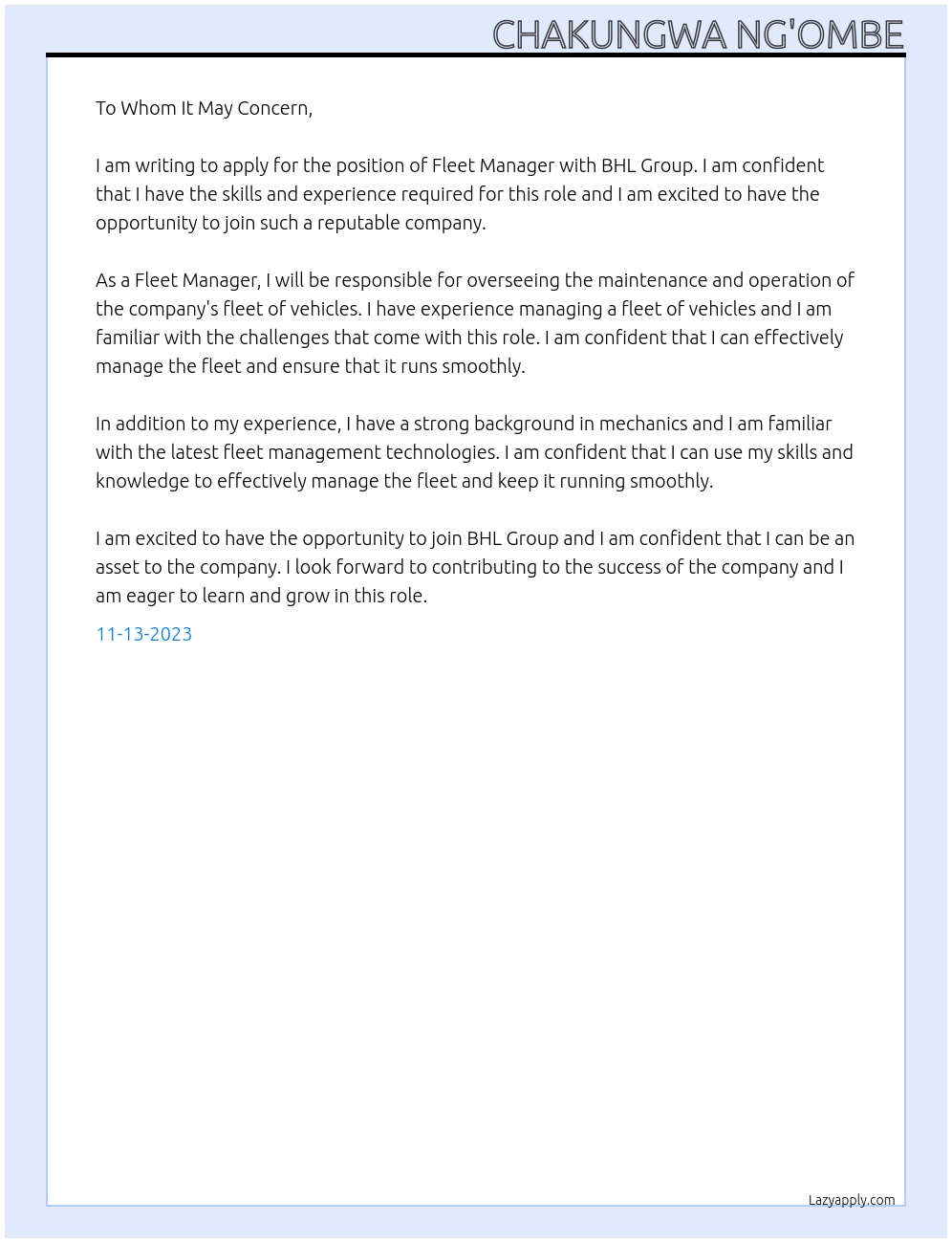 Fleet Manager At BHL GROUP Cover Letter