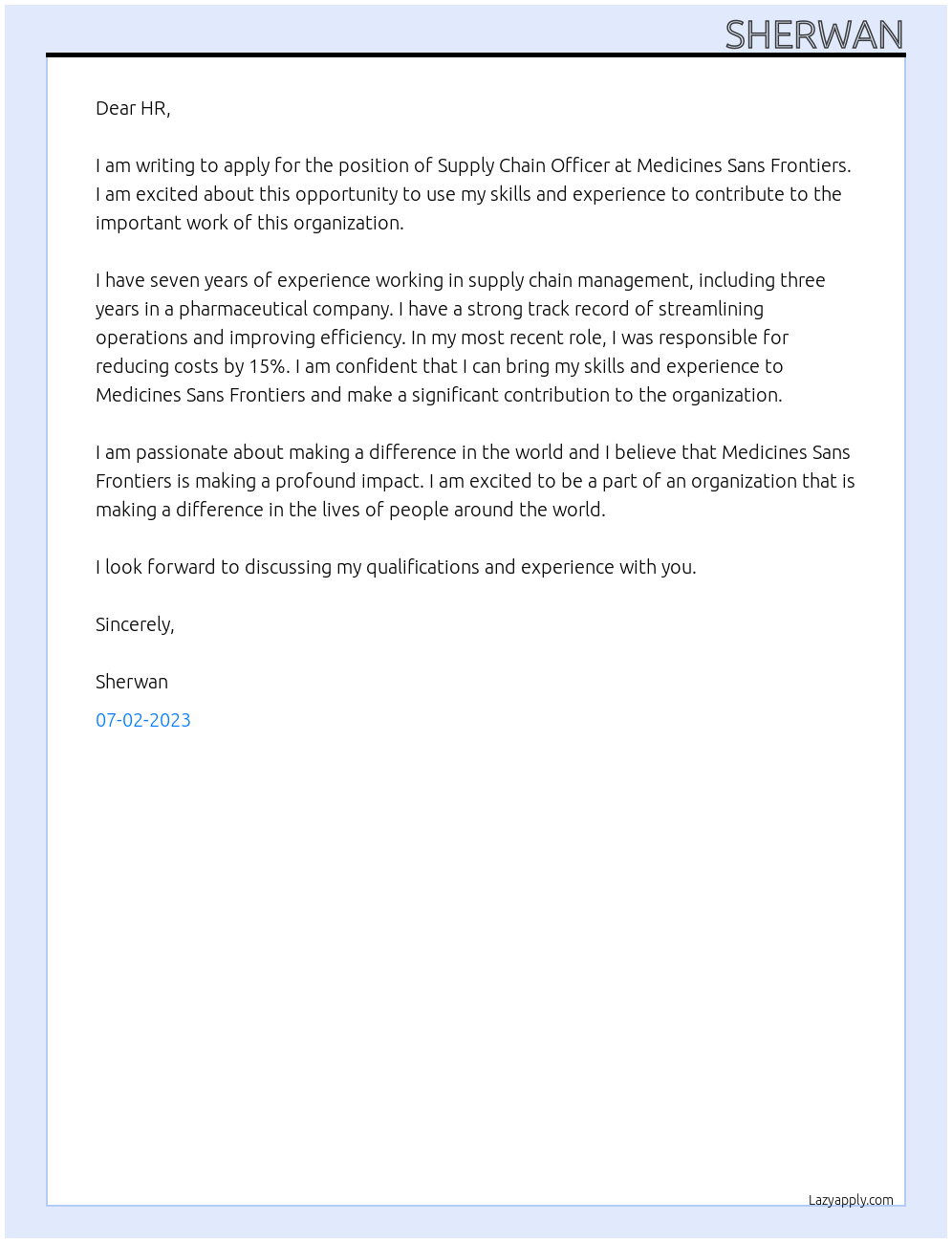 supply chain officer At medicines sans frontiers Cover Letter