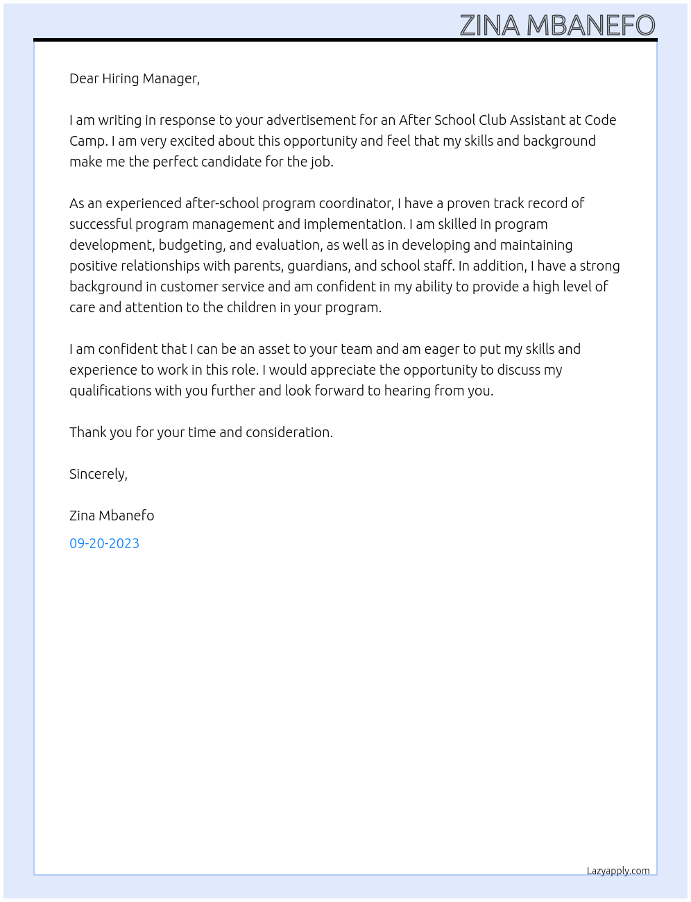 After School Club Assistant At Code Camp Cover Letter