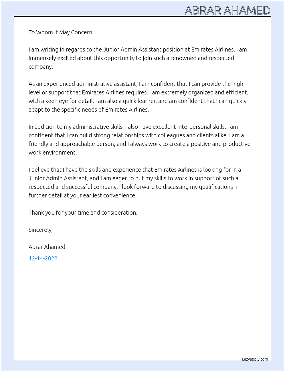 Junior Admin Assistant At Emirates Airlines Cover Letter