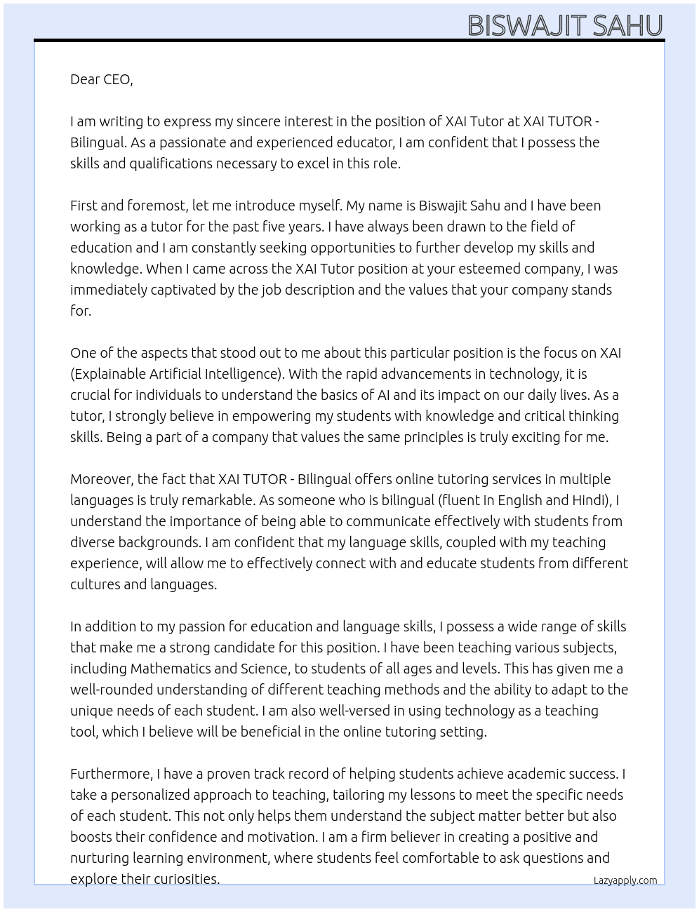 XAI Tutor At XAI TUTOR - Bilingual Cover Letter