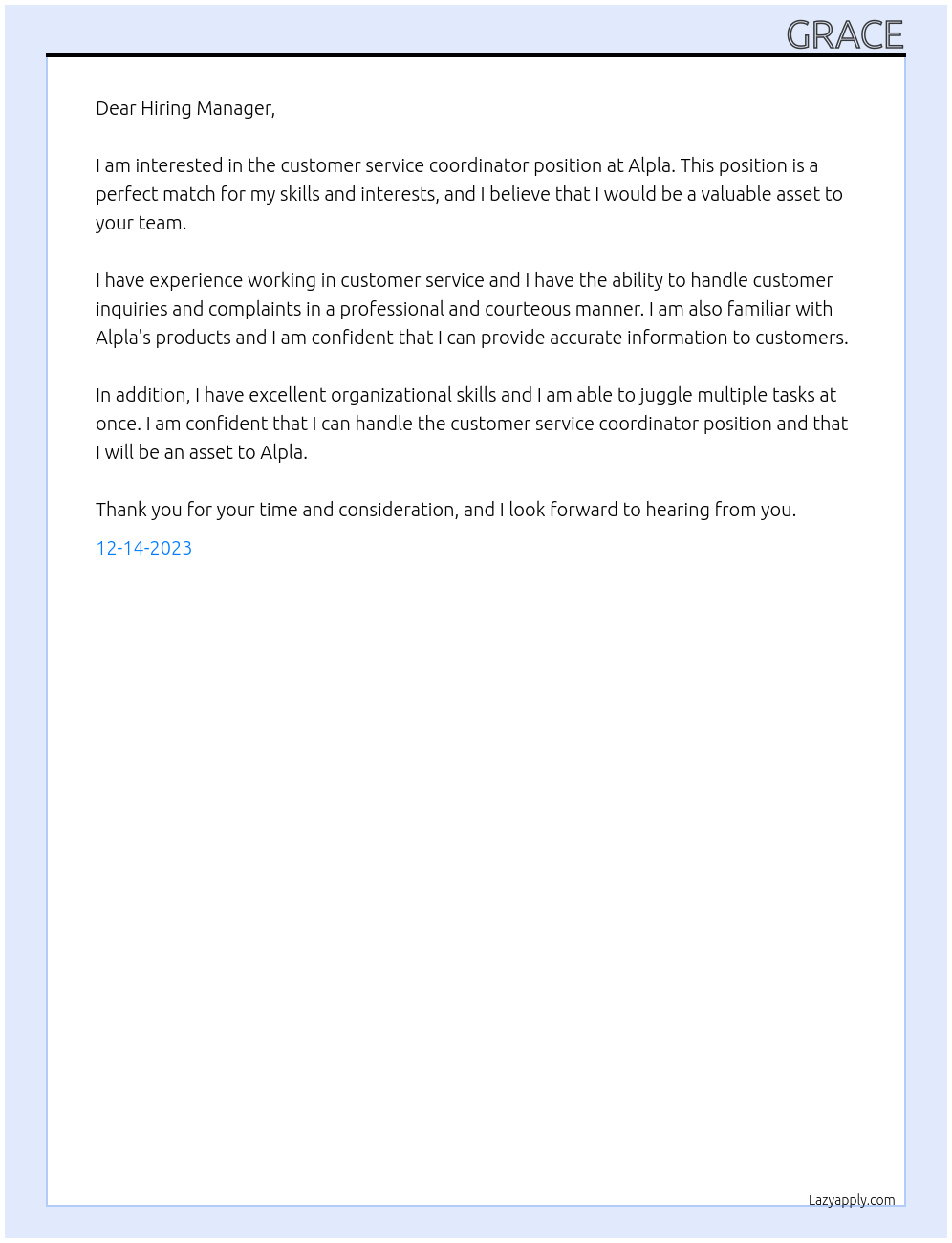 Customer service coordinator  At Alpla Cover Letter