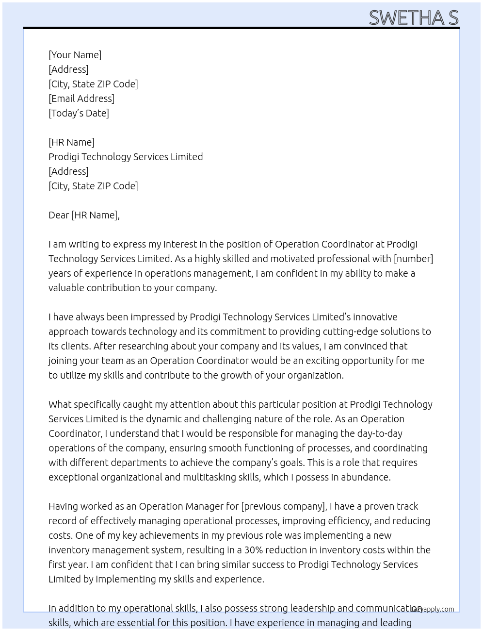 Operation Coordinator At Prodigi Technology Services Limited Cover Letter