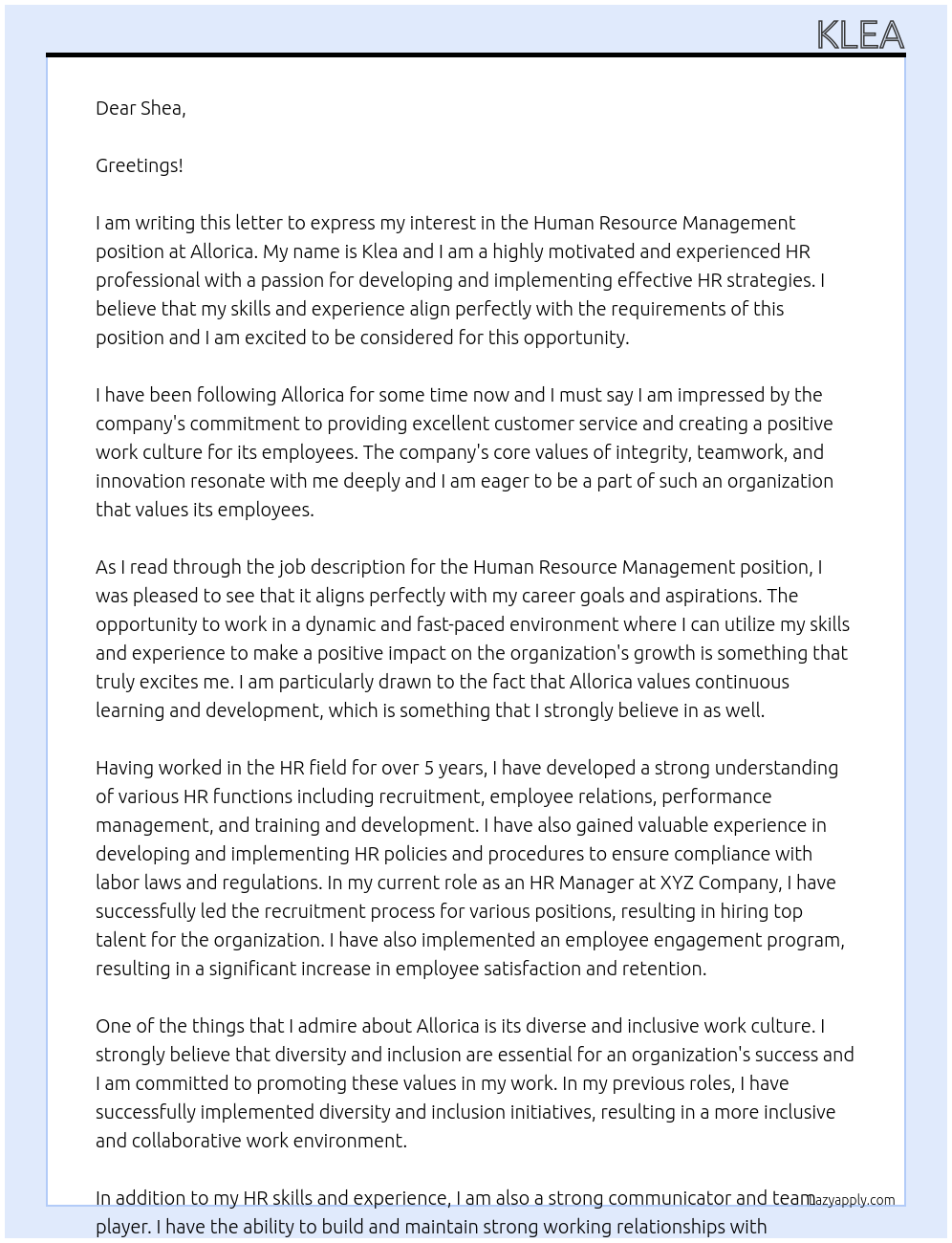 Human Resource Management At allorica Cover Letter