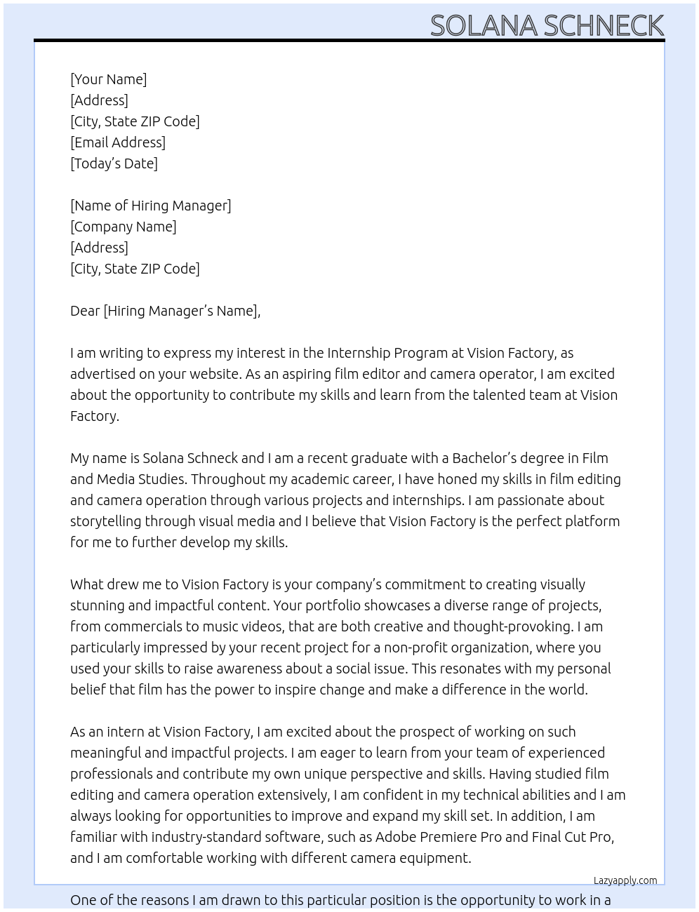 Internship program At Vision factory Cover Letter