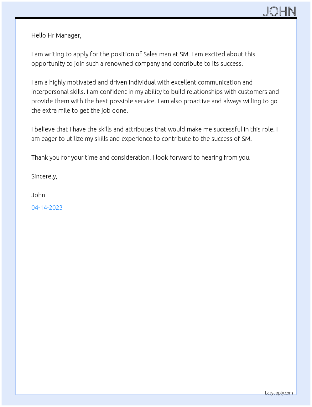 Sales man At SM Cover Letter