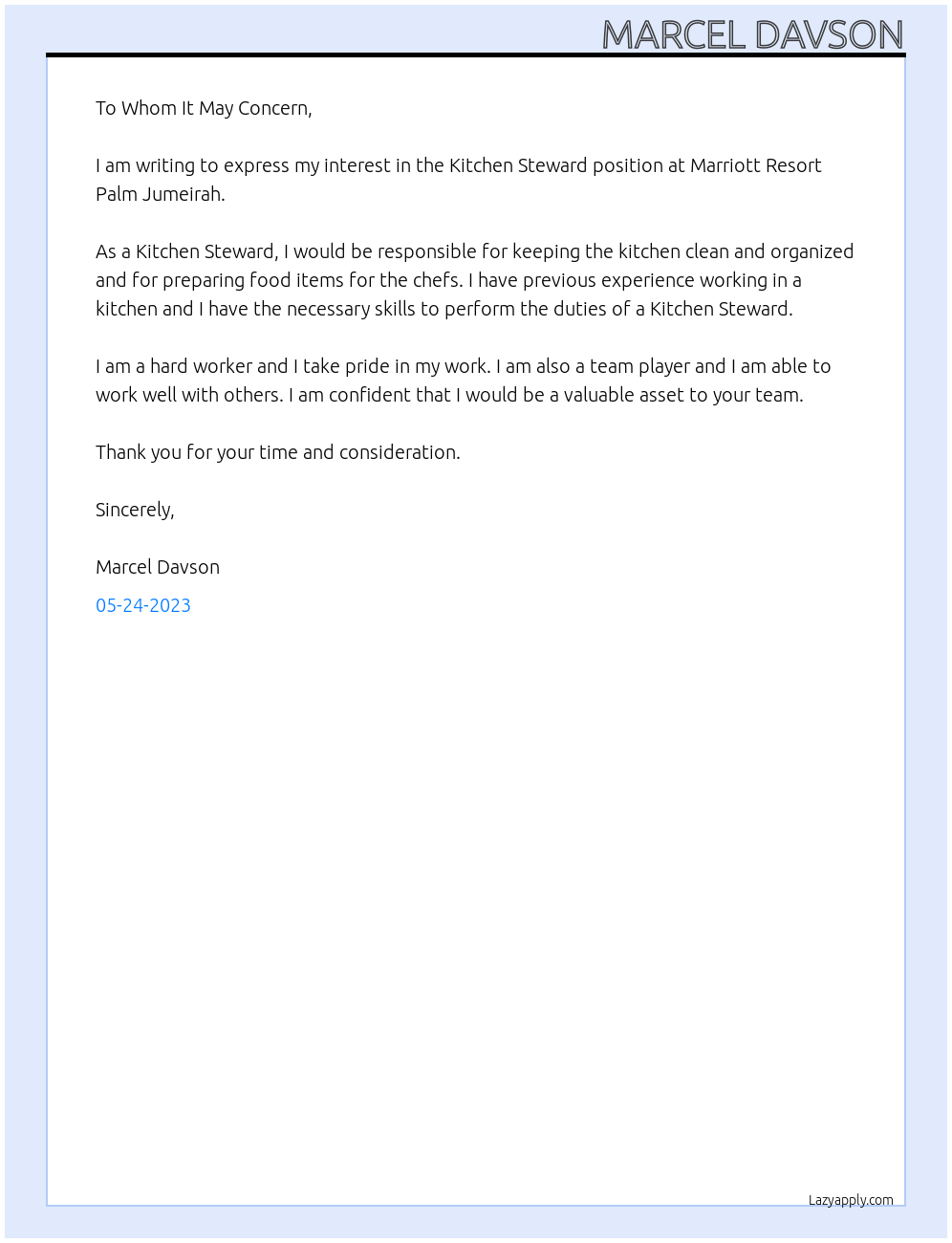 KITCHEN STEWARD At Marriott Resort Palm Jumeirah Cover Letter