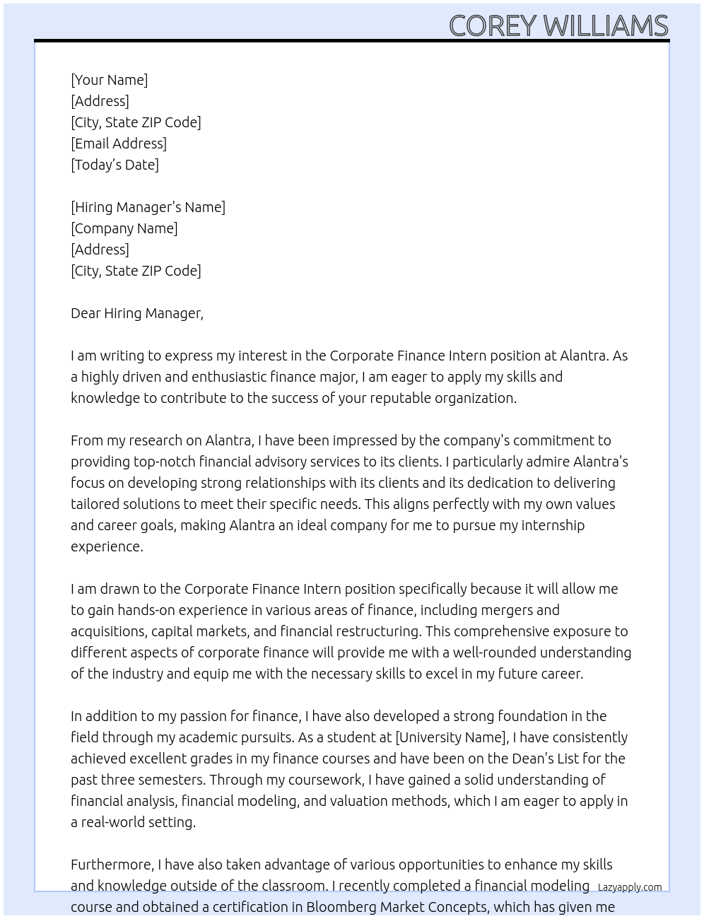 Corporate Finance Intern At Alantra Cover Letter
