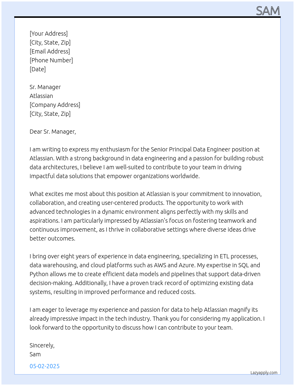 Cover letter for senior principal data engineer - LazyApply