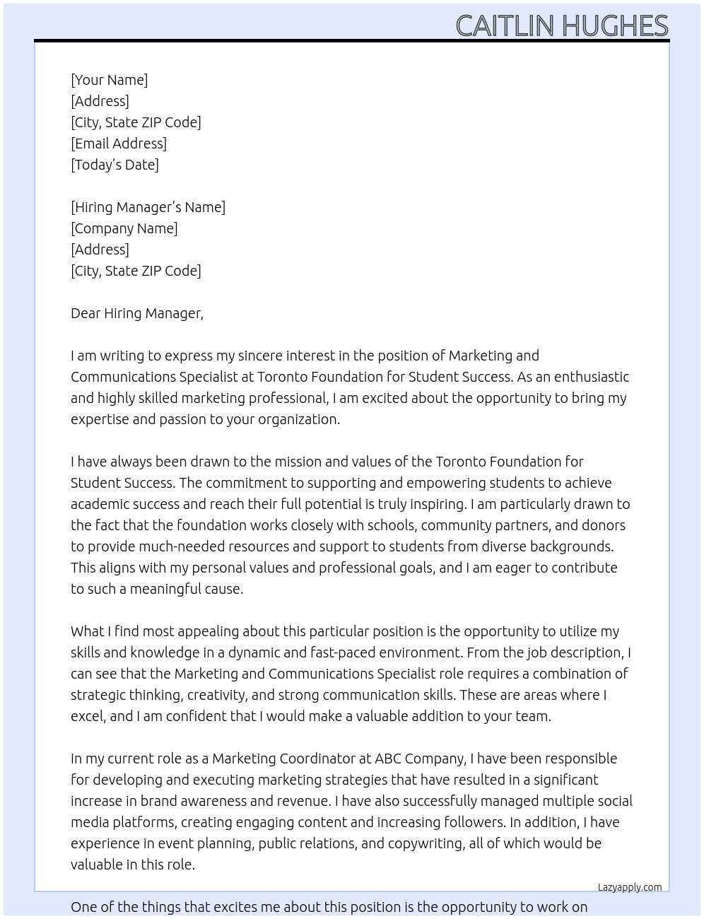 Marketing and Communications Specialist At Toronto Foundation for Student Success Cover Letter