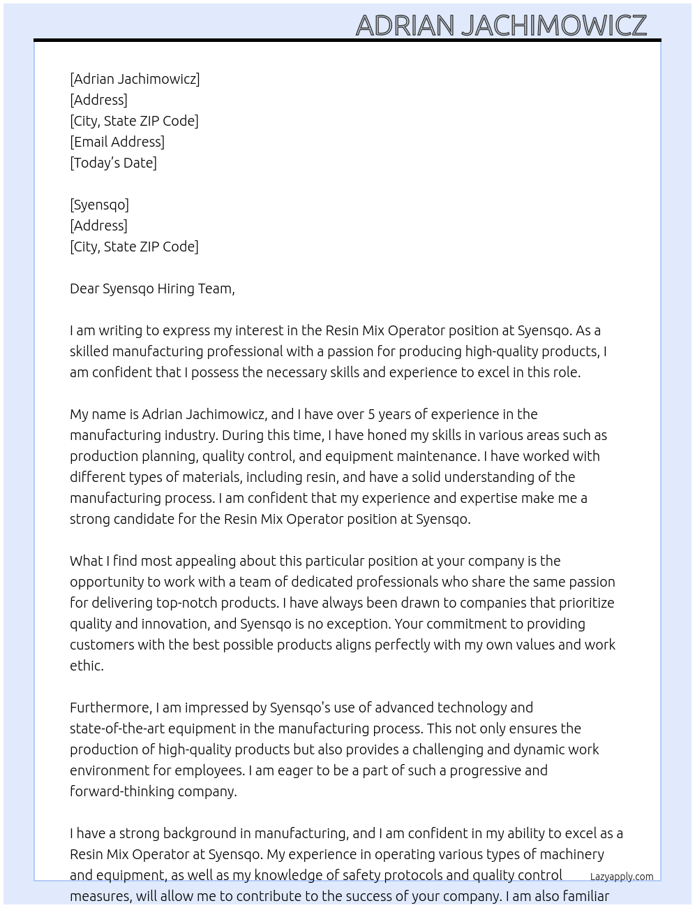 Cover letter for resin mix operator - LazyApply