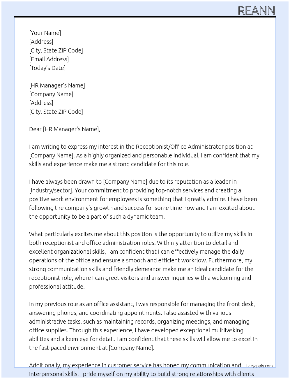 receptionist /  office administrator  At bv  Cover Letter