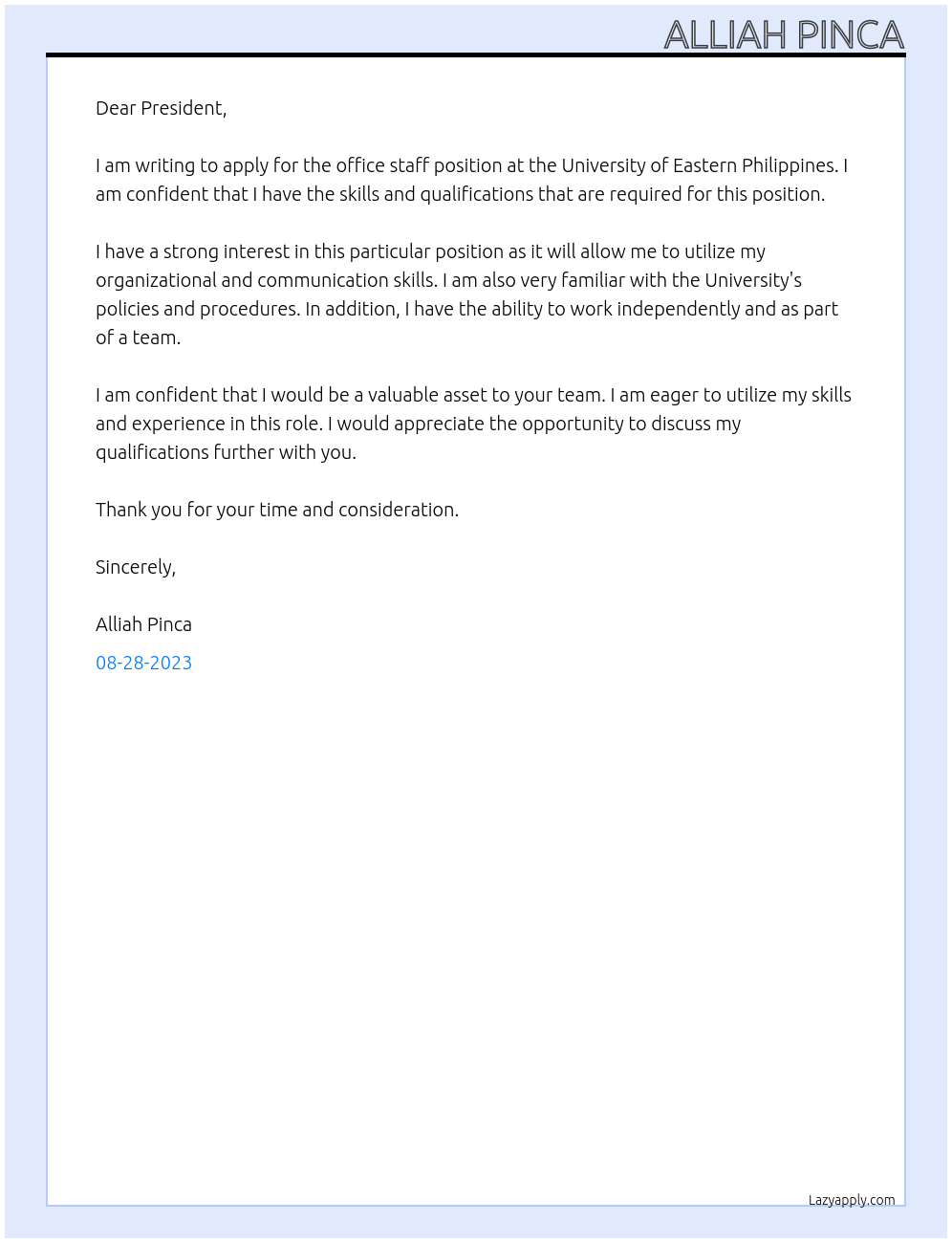 Office staff At University of Eastern Philippines Cover Letter