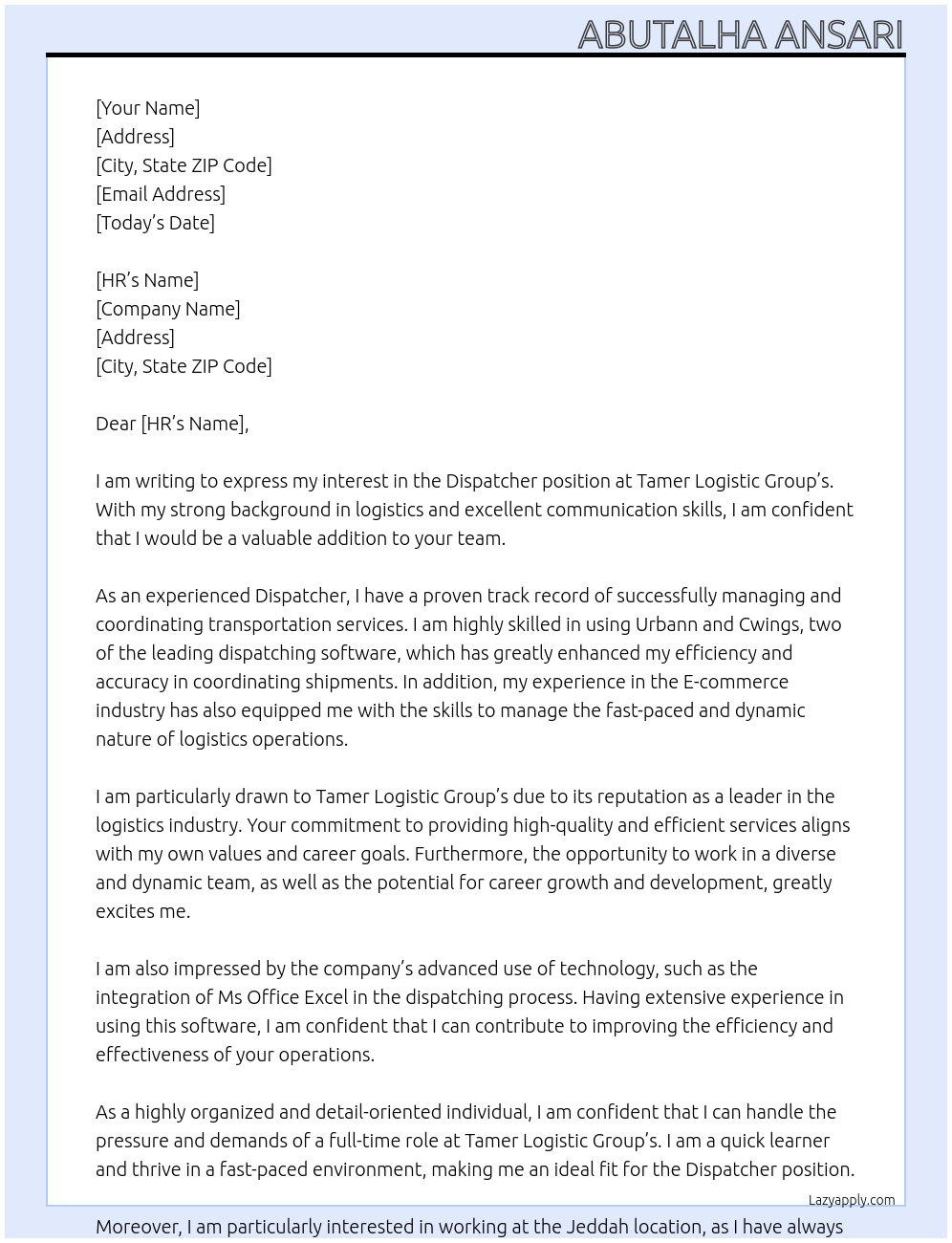 Dispatcher At Tamer Logistic Group's Cover Letter