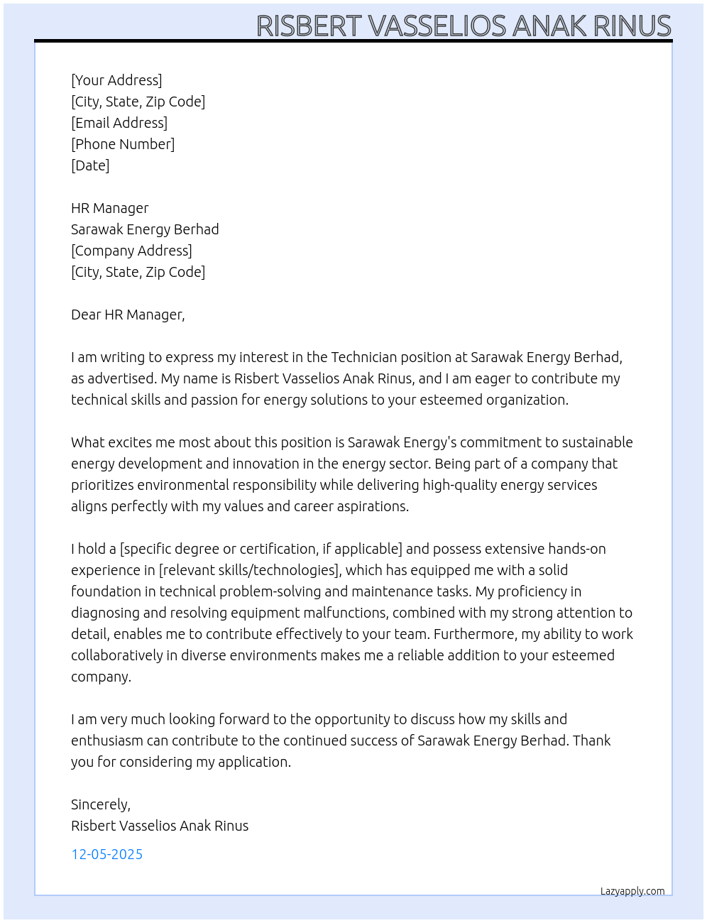 Technician At Sarawak Energy Berhad Cover Letter