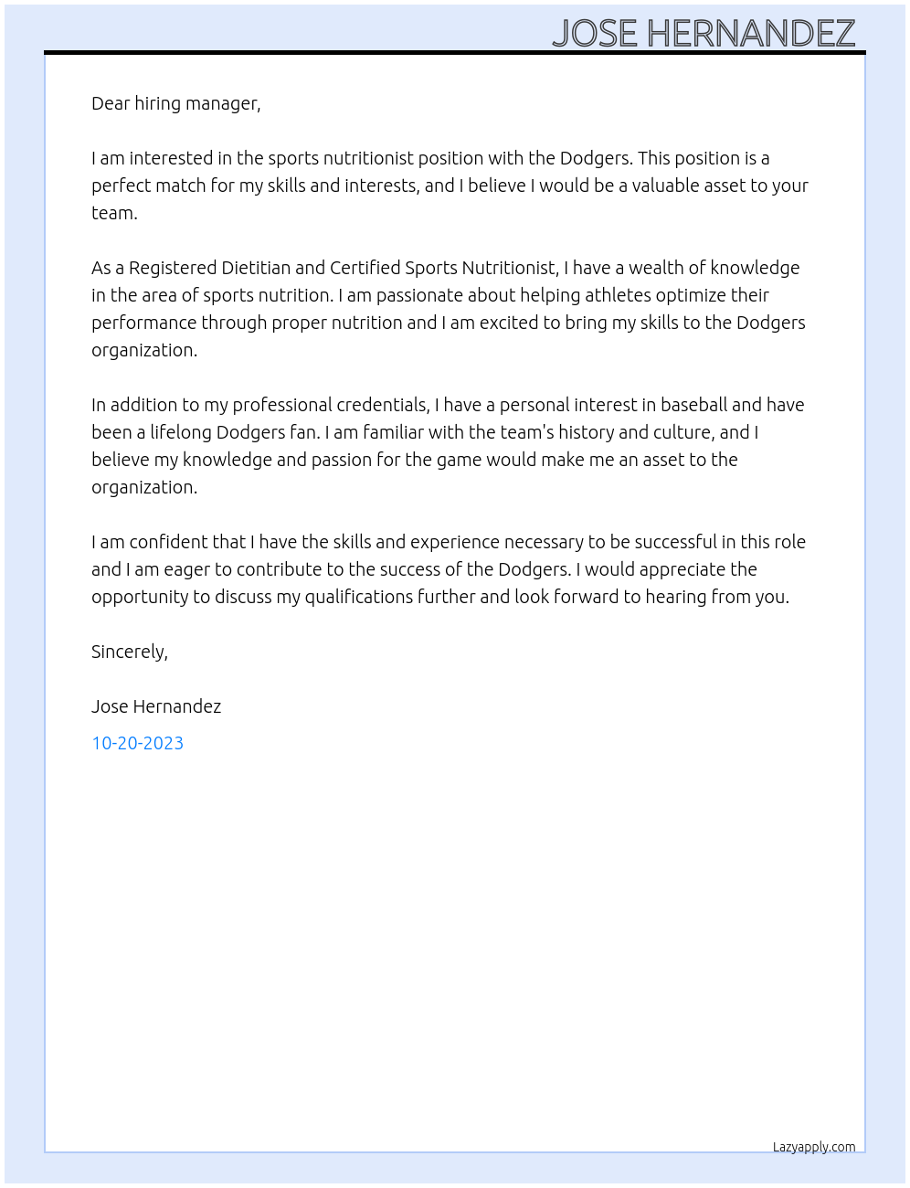 sports nutritionist  At dodgers  Cover Letter