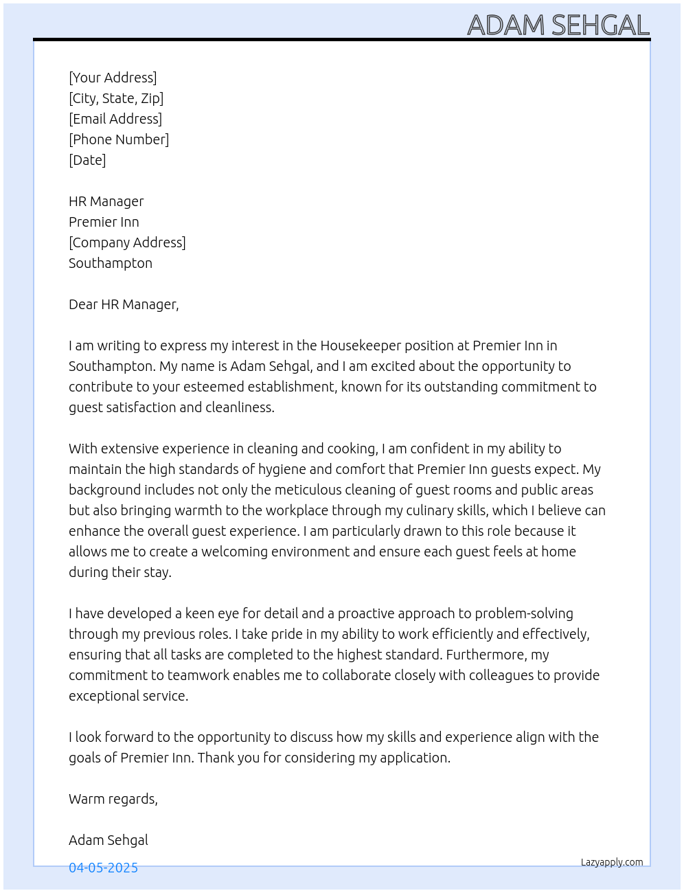 Housekeeper At Premier Inn in Southampton Cover Letter