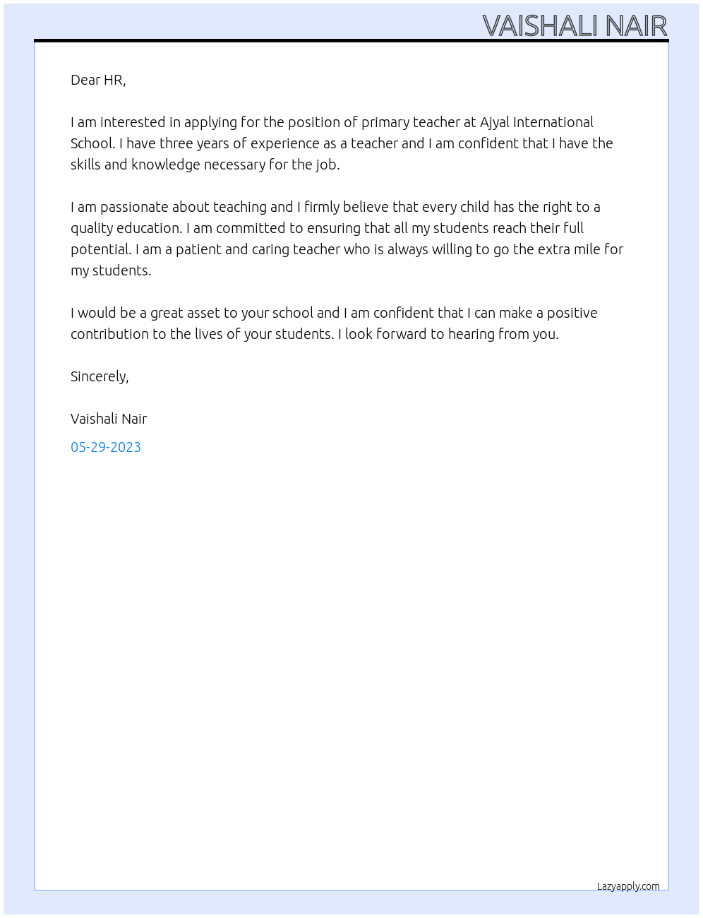 primary teacher At Ajyal International School Cover Letter