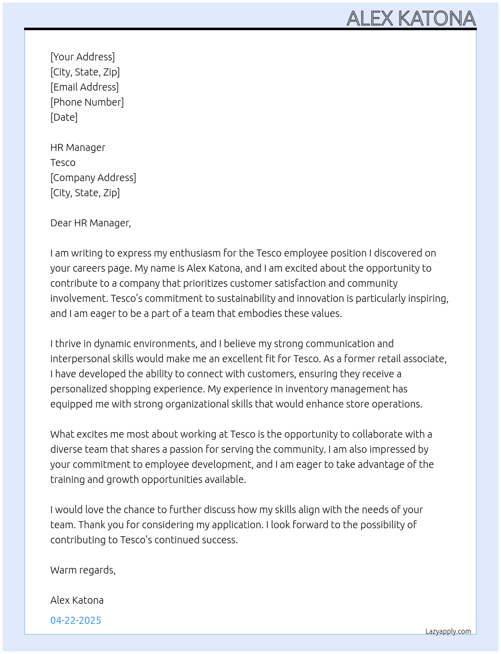 Tesco employee At Tesco Cover Letter