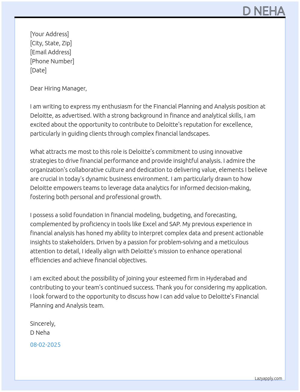 Financial planning and analysis  At Deloitte  Cover Letter