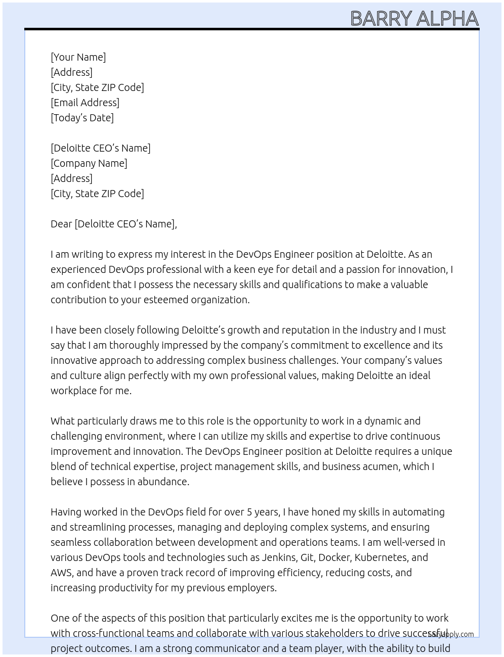 DevOps Engineer At Deloitte Cover Letter