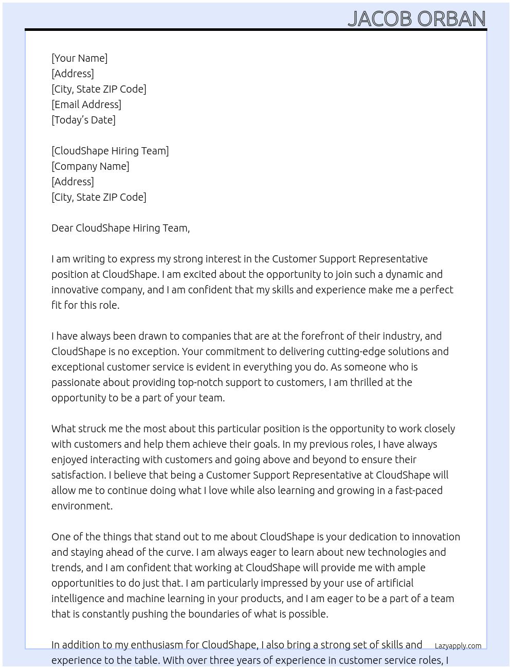 Customer Support Representative At CloudShape Cover Letter