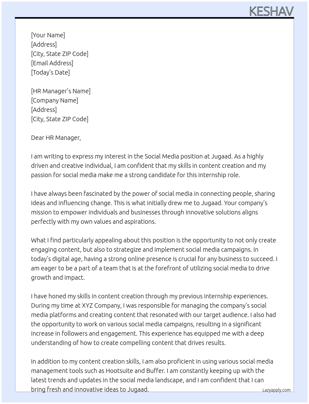 Social media At Jugaad Cover Letter