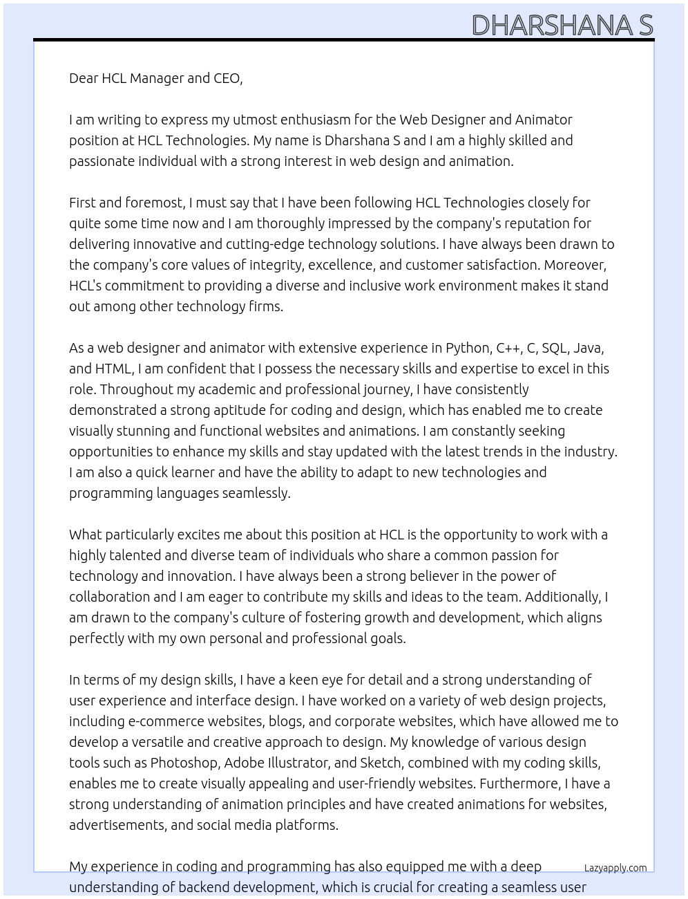 Web designer and animator At HCL technologies Cover Letter