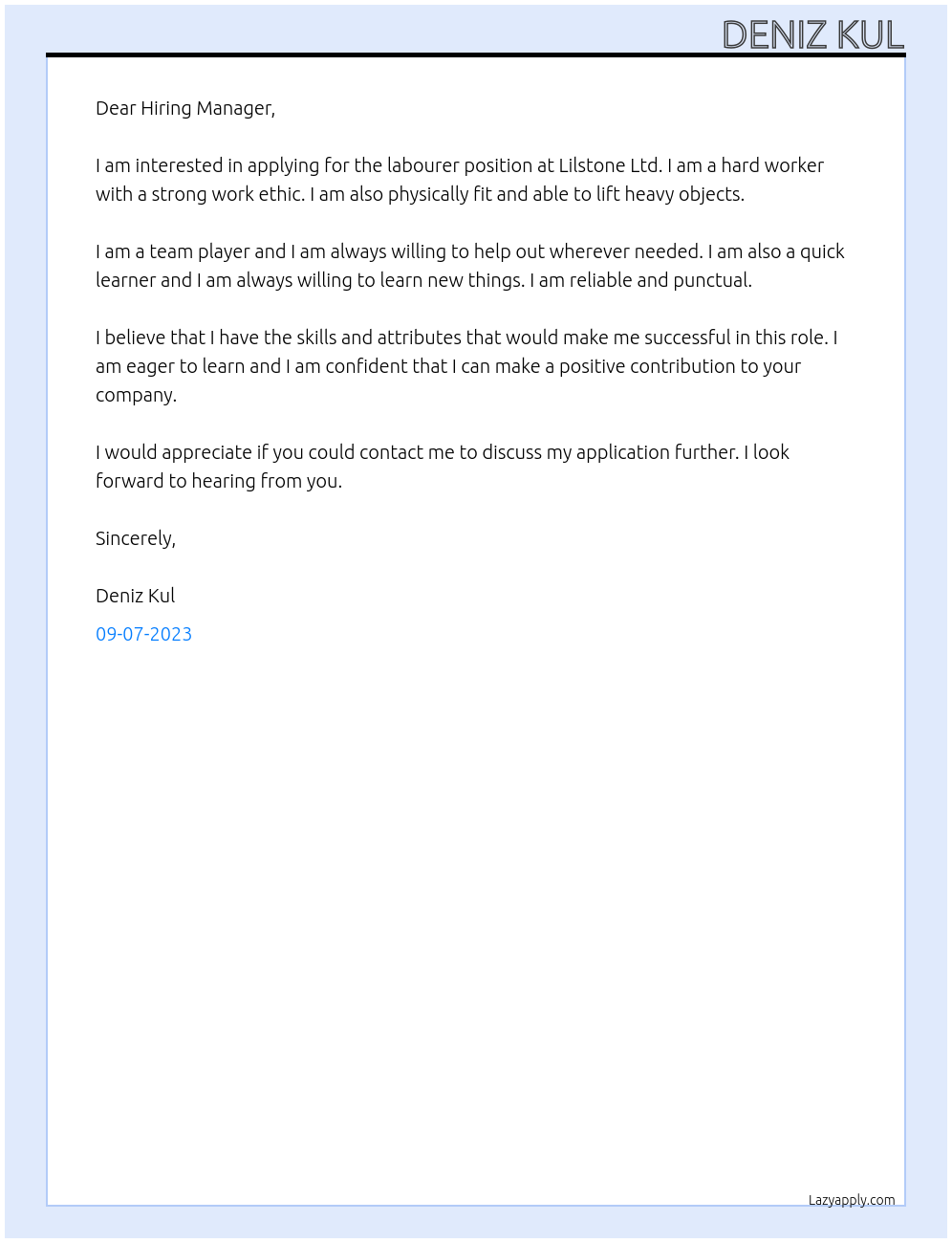 Labourer At Lilstone Ltd Cover Letter