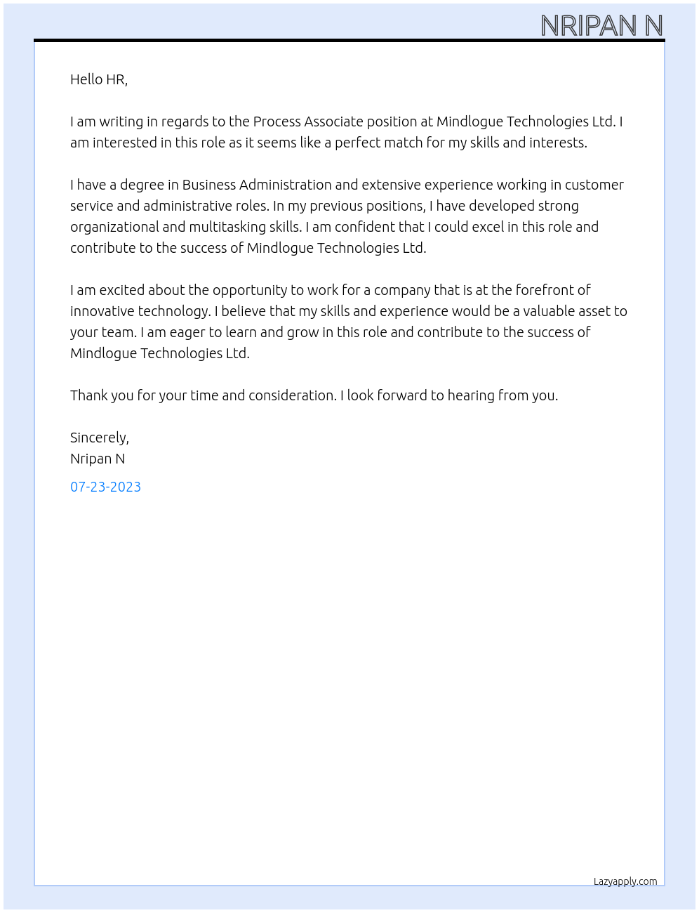 Process Associate At MINDLOGUE TECHNOLOGIES LTD Cover Letter