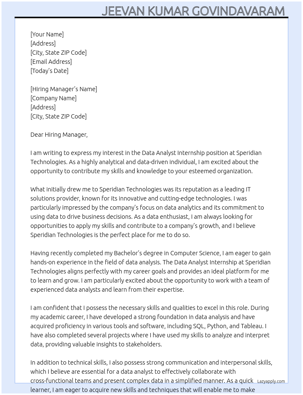 Data analyst internship At Speridian technologies Cover Letter