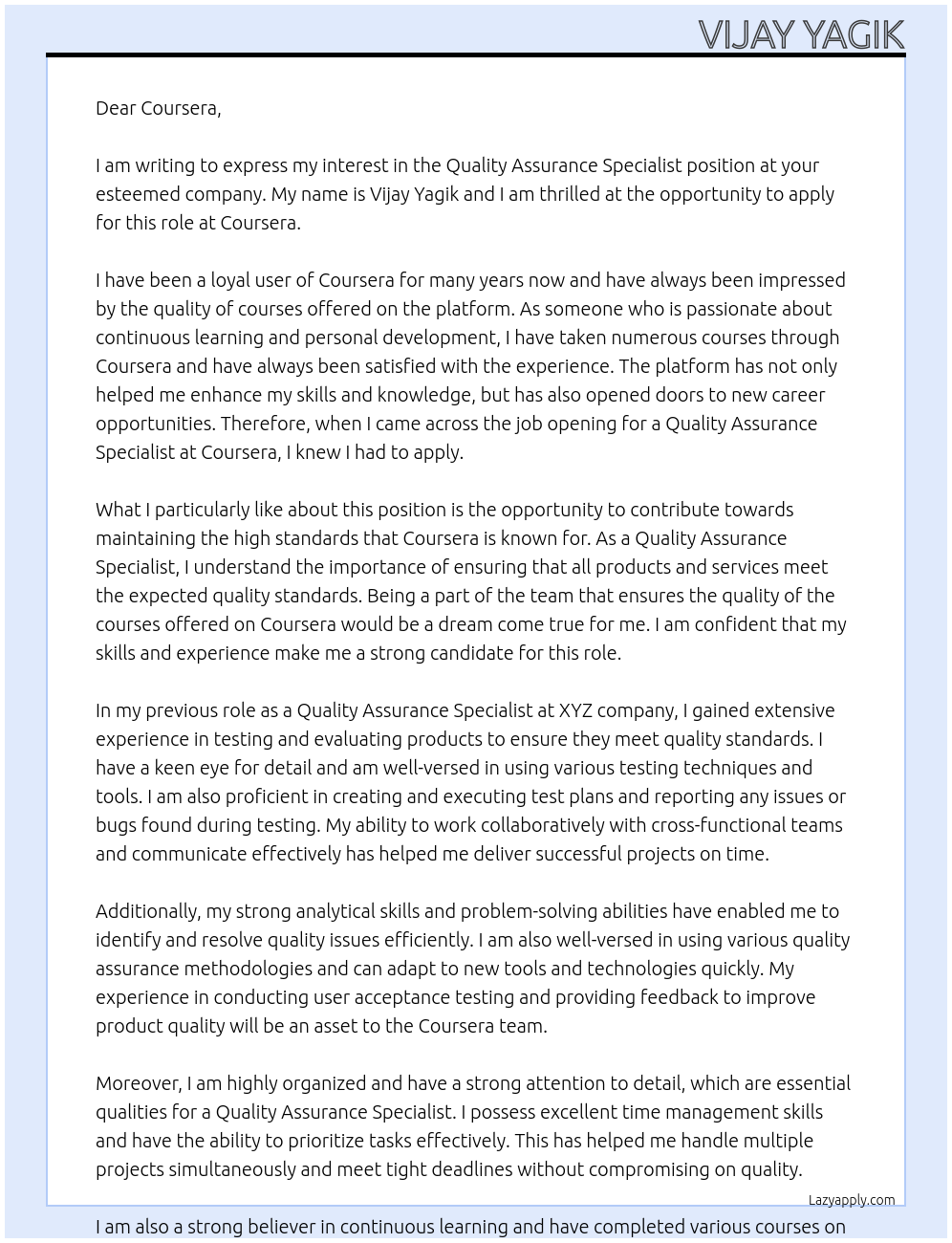 Quality Assurance Specialist At Coursera Cover Letter