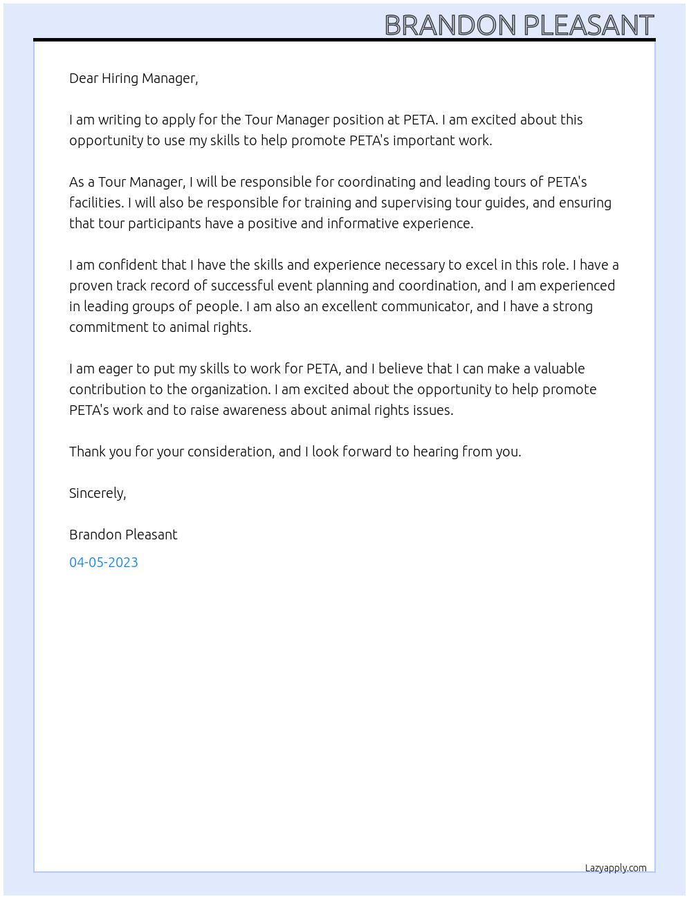 Tour Manager At PETA Cover Letter