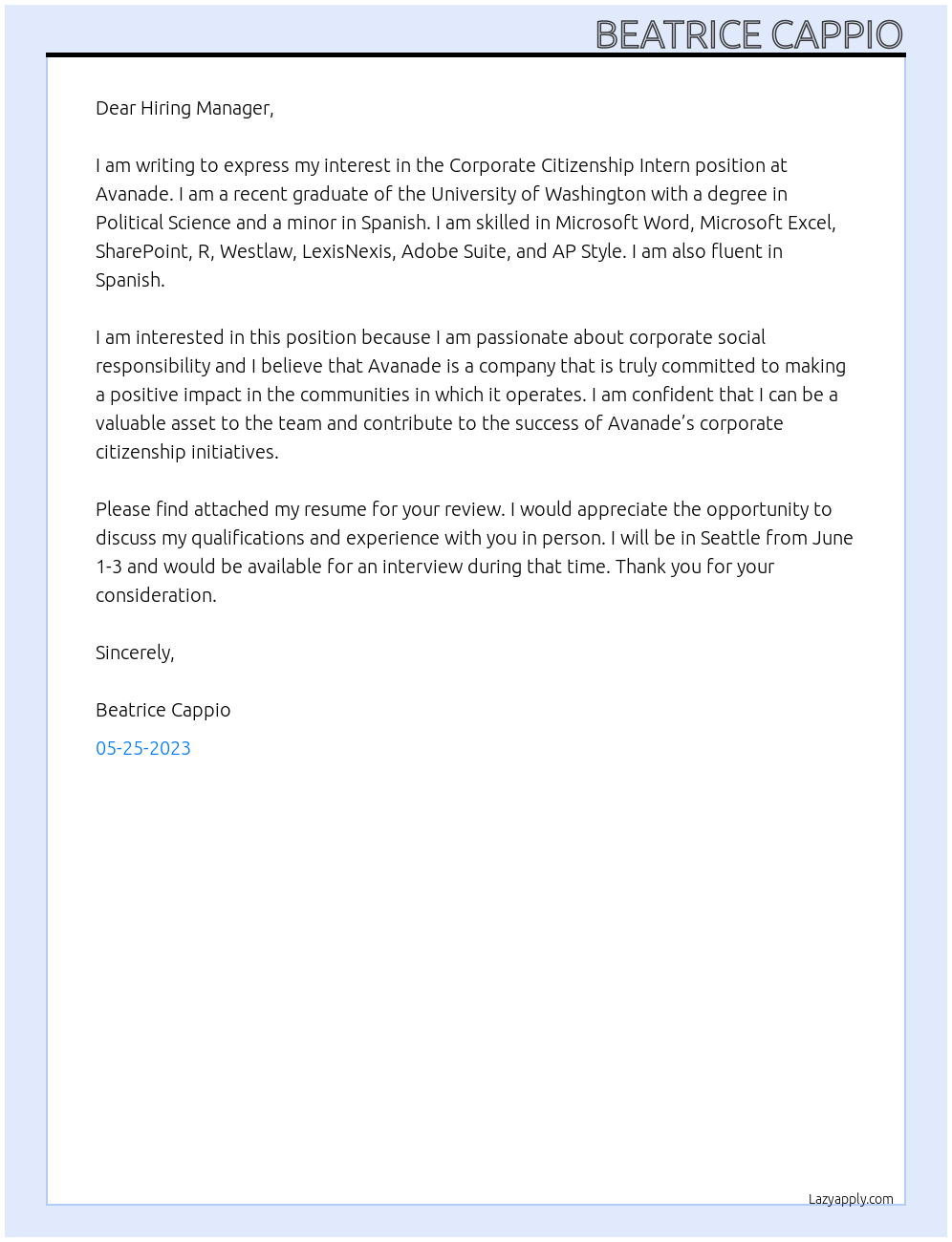 Corporate Citizenship Intern At Avanade Cover Letter