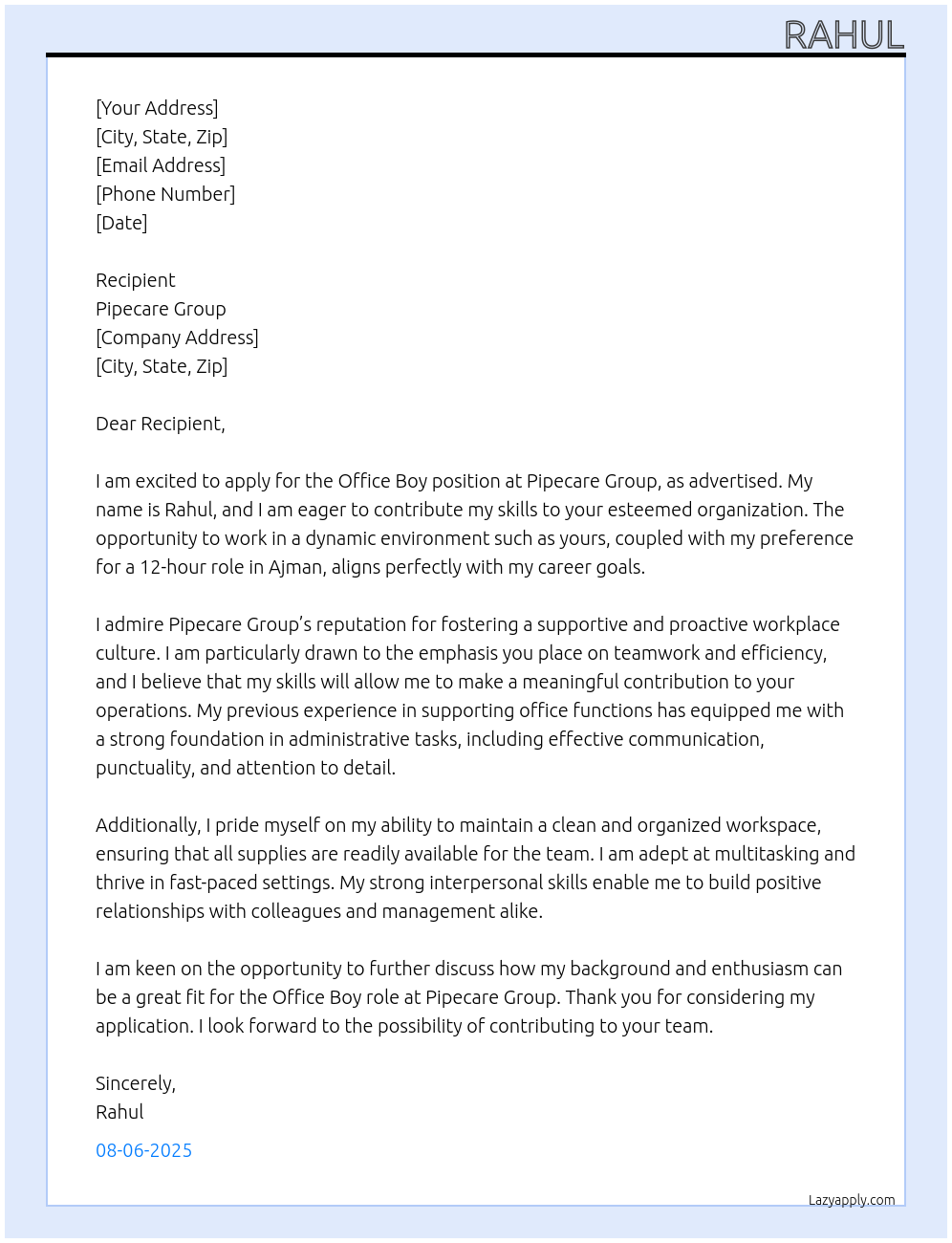 Office boy At Pipecare group Cover Letter