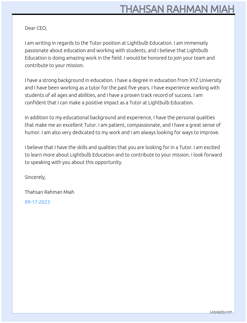 Tutor At Lightbulb Education Cover Letter