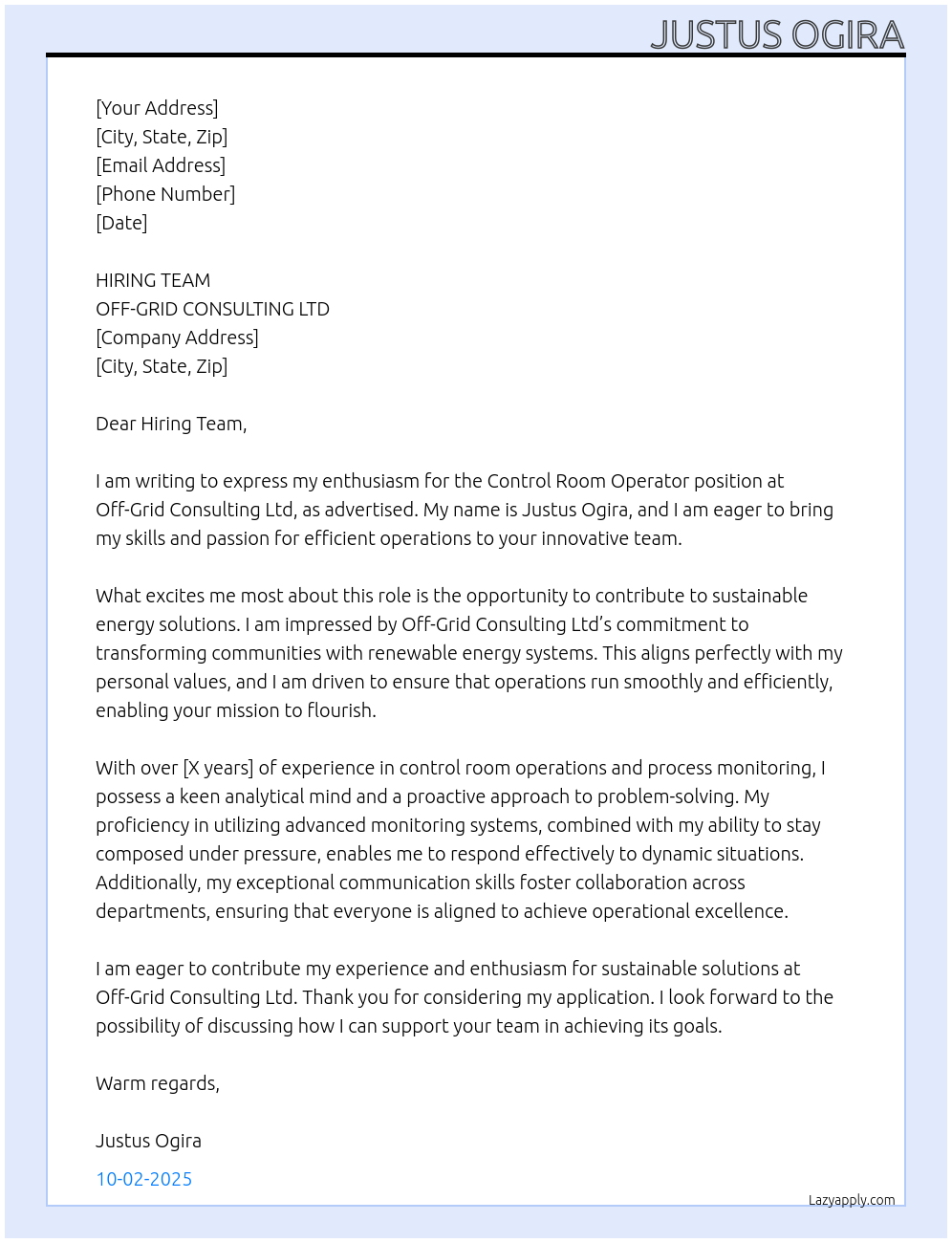 Cover letter for control room operator - LazyApply
