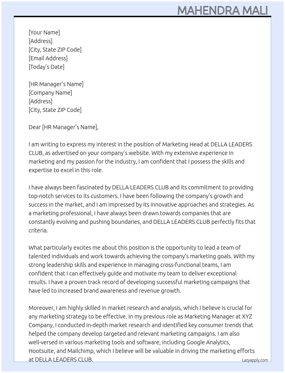 Marketing Head At DELLA LEADERS CLUB  Cover Letter