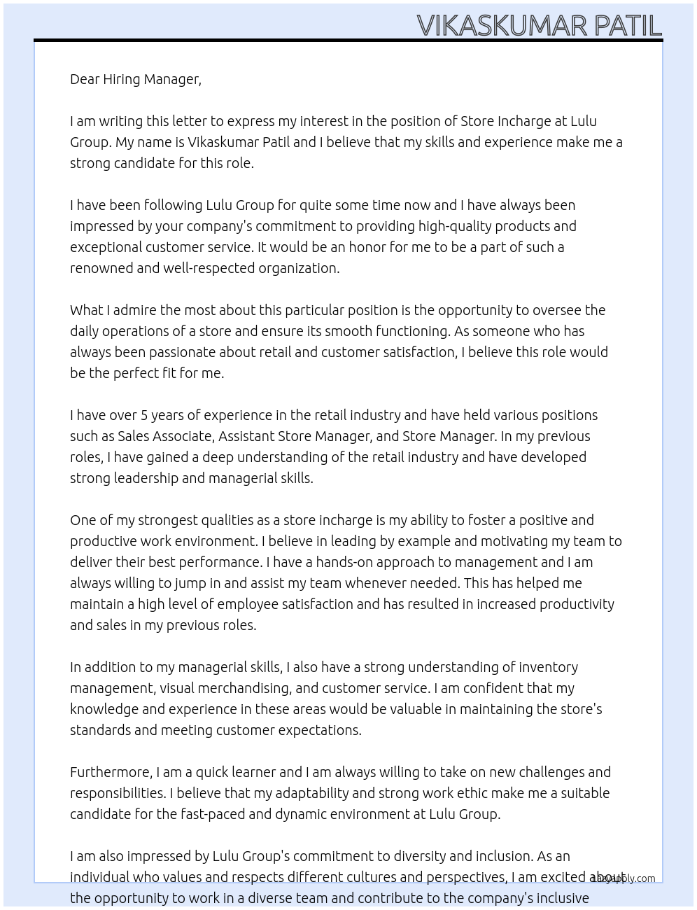 Store incharge At lulu Group Cover Letter