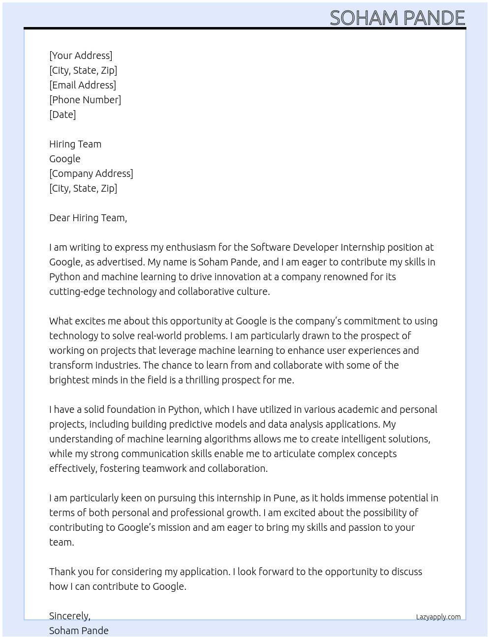 Software developer At Google Cover Letter