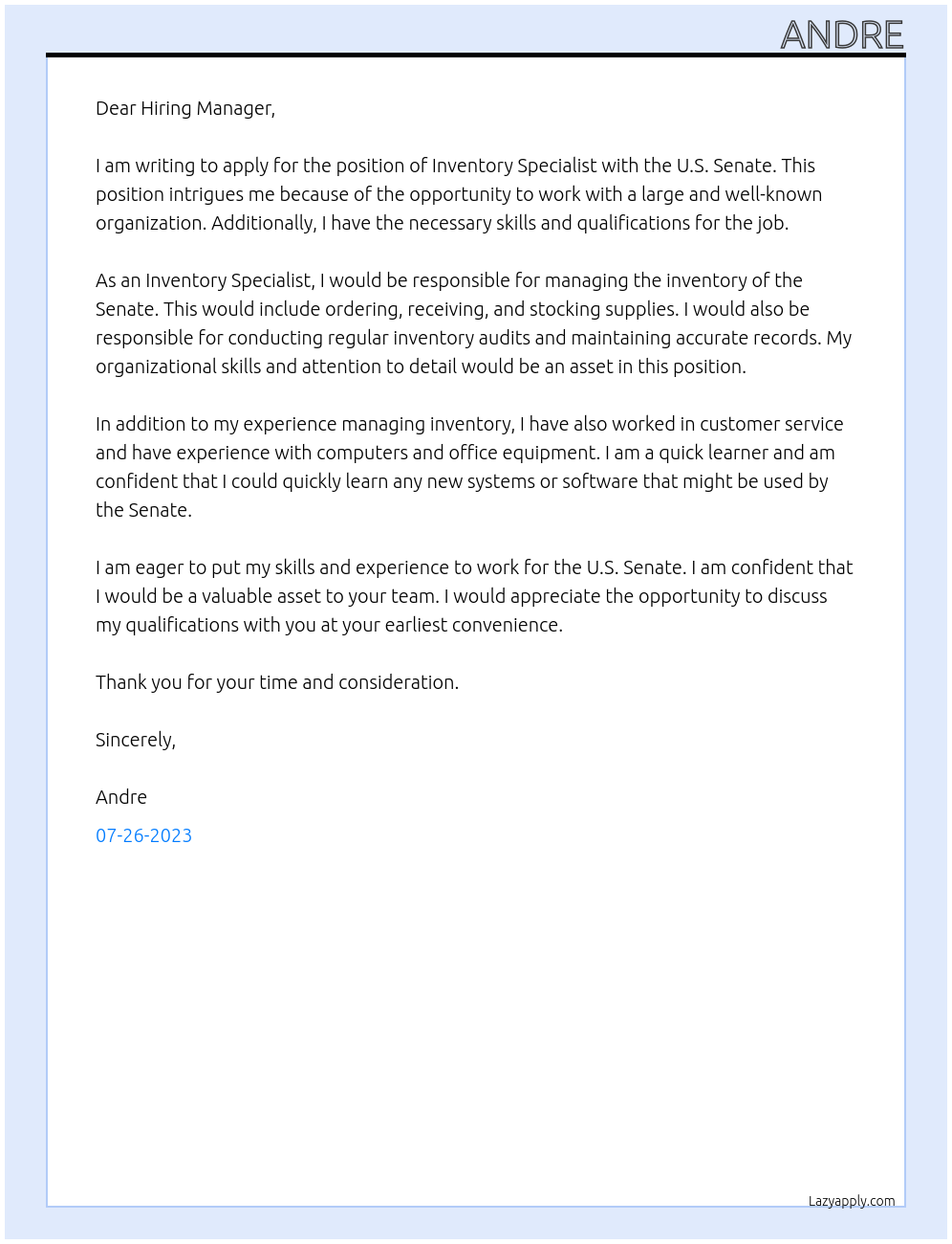 Inventory Specialist At U.S. Senate Cover Letter