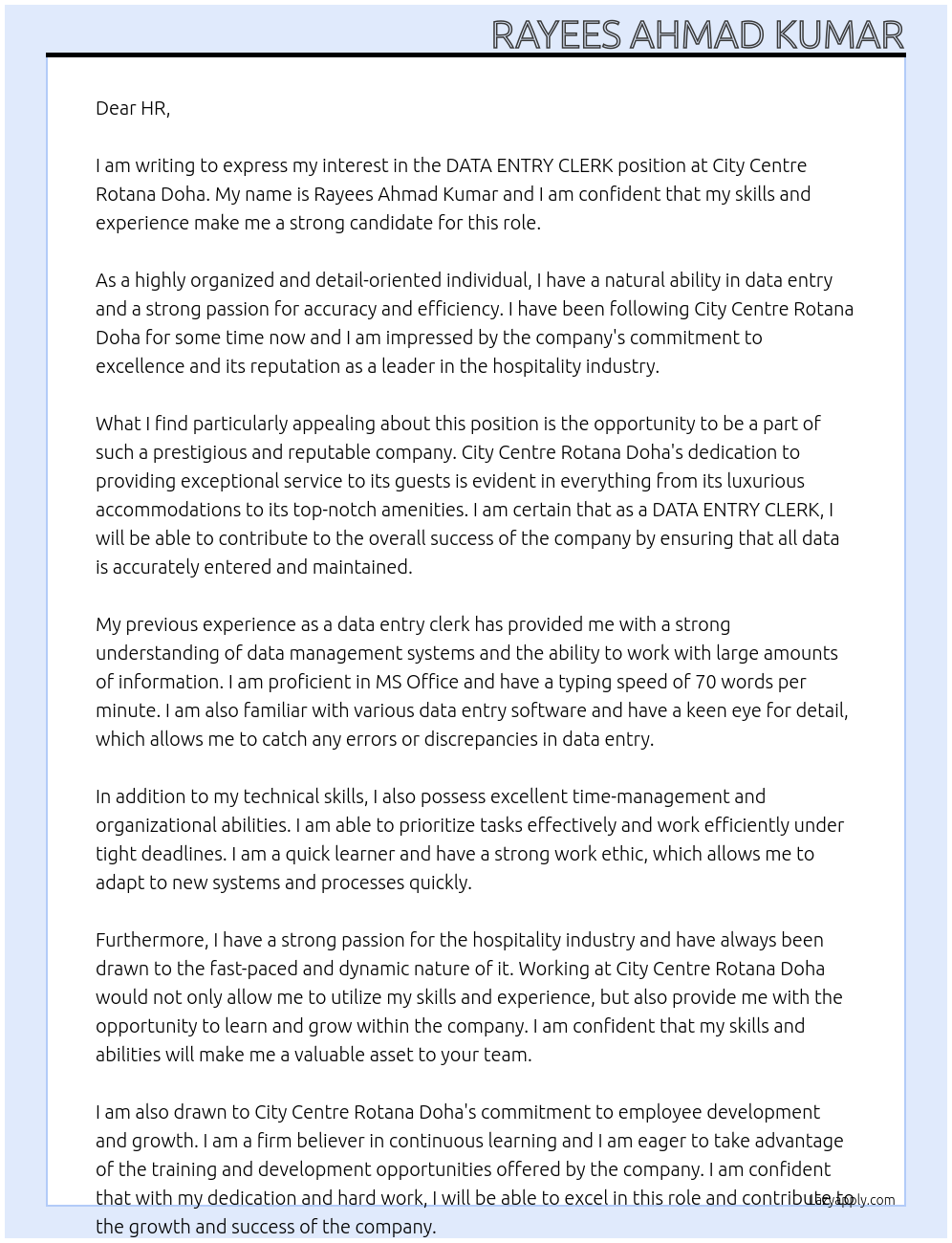 DATA ENTRY CLERK At City Centre Rotana Doha Cover Letter