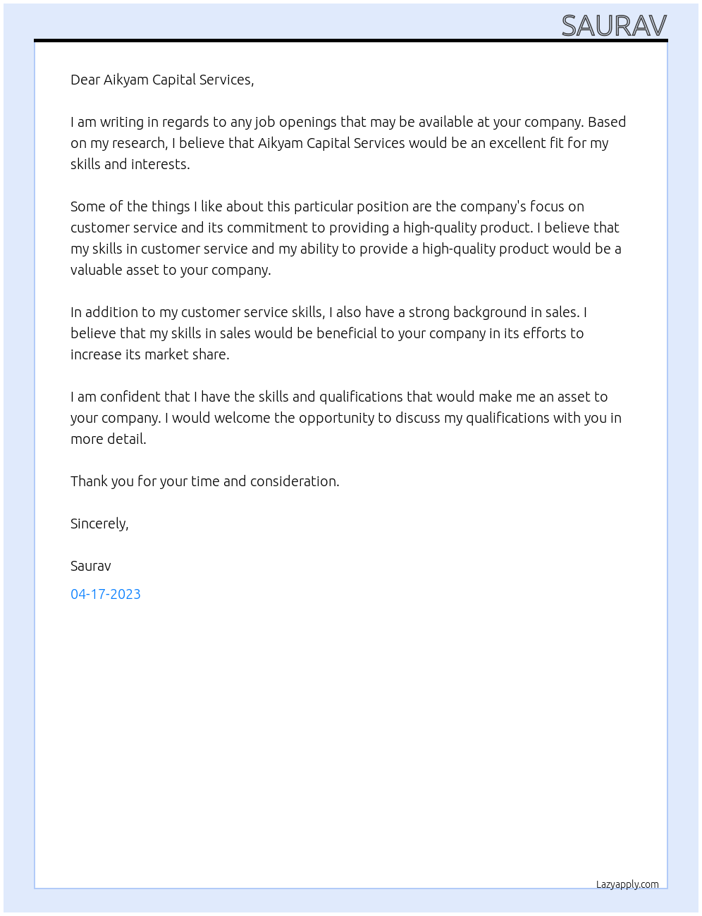 Any job At Aikyam capital services Cover Letter